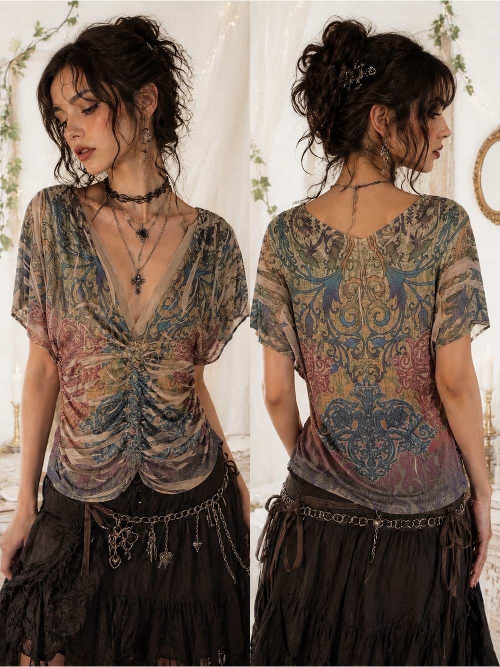 Daytrip Multicolor Y2K V-Neck Ruched Earthy Fairy Bohemian Short Sleeve Top